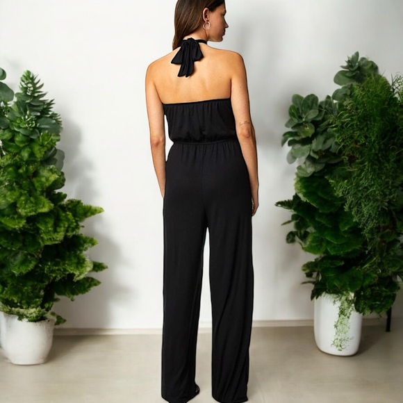 Black with Silver Ring Tie Neck Sleeveless Halter Wide Leg Jumpsuit - Picture 5 of 16